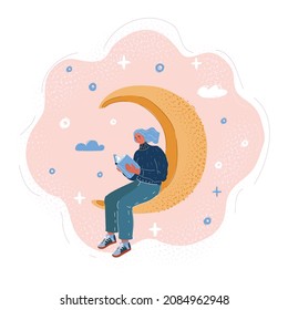 Cartoon vector illustration of Young woman reading book at home late night and in the morning. Girl sitiing at crescent moon