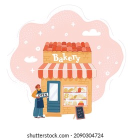 Cartoon vector illustration of Young woman open bakery shop