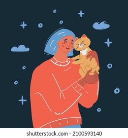 Cartoon vector illustration of young woman holding her cat