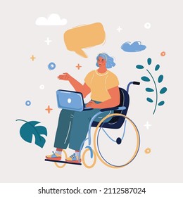Cartoon vector illustration of A young woman is sitting in a wheelchair and working at laptop. A disabled person works in an office.