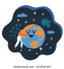 Cartoon vector illustration of young woman hugging earth globe over dark backround.