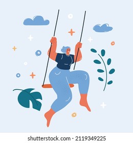 Cartoon vector illustration of young woman is swinging on a swing