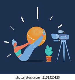 Cartoon vector illustration of Young woman trying trainer shows how to train at home with no equipment over dark backround.