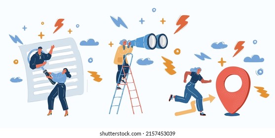 Cartoon vector illustration of Young woman making decision. Choosing partner and move to destionation. Date and work concept.