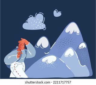 Cartoon vector illustration of Young woman climbing challenging route on mounting over dark backround