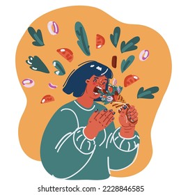 Cartoon vector illustration of Young woman eating tasty shawarma