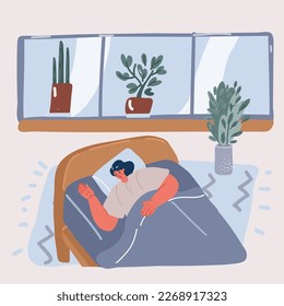 Dibujo vectorial de caricatura de una joven durmiendo en su cama y relajándose por la mañana