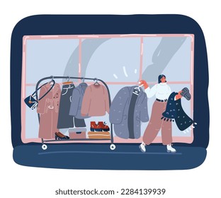 Cartoon vector illustration of Young woman going shopping. Going try a warm clothes. Coat, hat, scarf. And hanger with things in the back over dark background