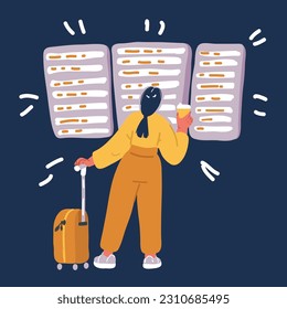 Cartoon vector illustration of Young woman in international airport looking at the flight information board over dark background