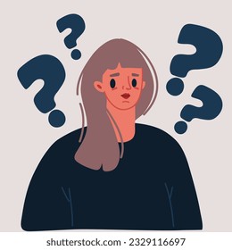 Cartoon vector illustration of Young woman doubts and questioning everything. Young girl surrounded by a question mark.