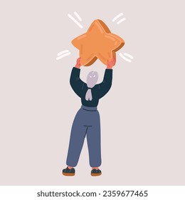 Cartoon vector illustration of Young woman holding star. Customer review rating and client feedback concept.