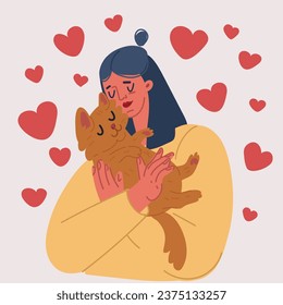 Cartoon vector illustration of Young woman with her pet cat. Pet owner hugs cat with love.