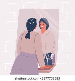 Cartoon vector illustration of Young woman looks at the mirror and sees her happy reflection. Self-acceptance and confidence concept.