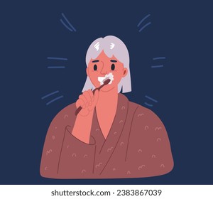 Cartoon vector illustration of Young Woman Standing in front of Mirror and Brushing her Teeth in Bathroom, Businesswoman or Office Employee Daily Routine over dark backround