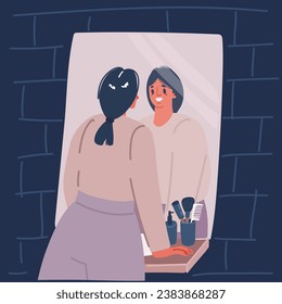 Cartoon vector illustration of Young woman looks at the mirror and sees her happy reflection. Self-acceptance and confidence concept over dark background