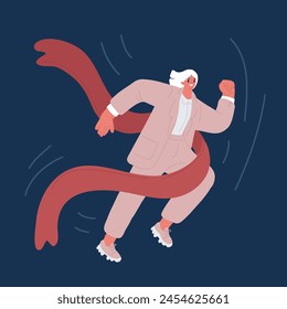 Cartoon vector illustration of young woman Running busines woman with a red ribbon runs a marathon. Victory at the finish. Leadership concept. Success achievement template over dark backround