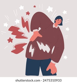 Cartoon vector illustration of Young woman suffering from backache.