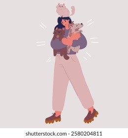 Cartoon vector illustration of young woman holding cute cats and dog. Female hugging her cute long hair kitty. Adorable domestic pet concept.