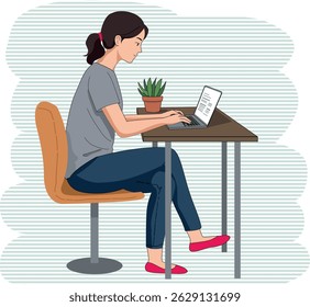 Cartoon vector illustration of a young woman sitting at a desk, working on a laptop. Perfect for themes like remote work, freelancing, home office, productivity, and technology