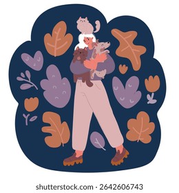 Cartoon vector illustration of young woman holding cats and dog over dark backround