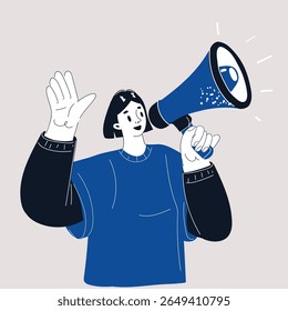 Cartoon vector illustration of Young woman holding megaphone scream in announces discounts sale Hurry up. Two colors concept.