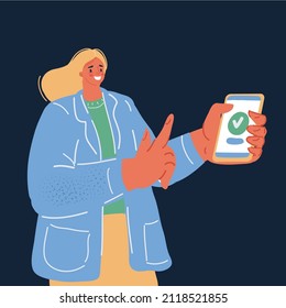 Cartoon vector illustration of Young women using smartphone, reading news and texting message to friends