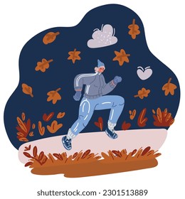 Cartoon vector illustration of young women, girls running in fall season. Jogging in cold season, dressed in warm clothes