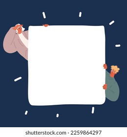 Cartoon vector illustration of Your advertisement in people holding big blank with copy space placard over dark background