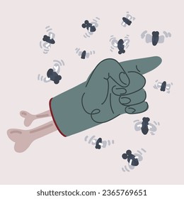 Cartoon vector illustration of zombie hand pointing finger. Forefinger and ingex. Flies arround