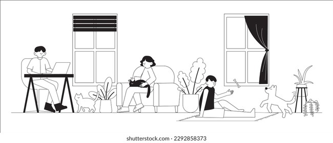 Cartoon vector illustrations black and white of young people men and women having fun and happy with pets. Everyday life, happy family resting in the living room