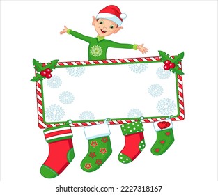 Cartoon vector illustrations of Christmas sock gift. Winter holidays design elements isolated on white. Funny and cute retro character. For new year cards, banners