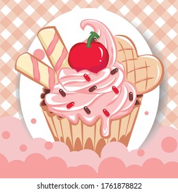 Cartoon vector illustrations of cupcakes with seamless pattern. Sweets for birthday party. Sweet dessert food and birthday yummy cupcake