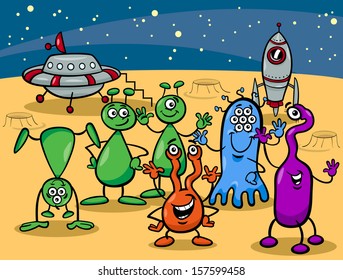 Cartoon Vector Illustrations of Fantasy Aliens or Martians Comic Mascot Characters Group