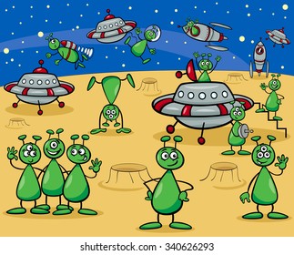 Cartoon Vector Illustrations of Fantasy Aliens or Martians Characters Group with Ufo