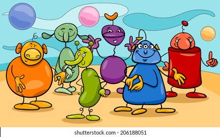 Cartoon Vector Illustrations of Fantasy Funny Characters or Aliens Group