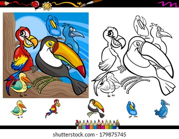 Cartoon Vector Illustrations of Funny Colorful Birds Characters Group for Coloring Book with Elements Set