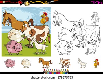 Cartoon Vector Illustrations of Funny Farm Animals Characters Group for Coloring Book with Elements Set
