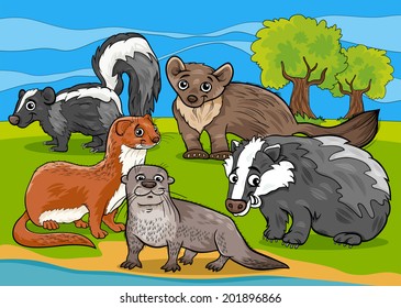 Cartoon Vector Illustrations of Funny Mustelids Mammals Animals Mascot Characters Group