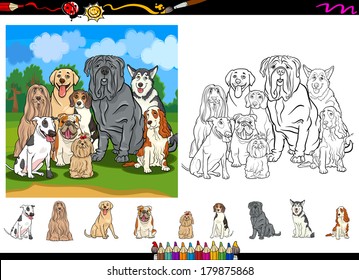 Cartoon Vector Illustrations of Funny Purebred Dogs Characters Group for Coloring Book with Elements Set