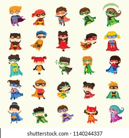 Cartoon vector illustrations of Kid Superheroes wearing comics costumes isolated on the background.