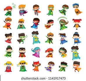 Cartoon vector illustrations of Kid Superheroes wearing comics costumes isolated on the background.