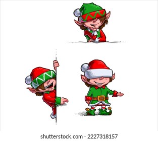 Cartoon vector illustrations of Little Friends with presents. Winter holidays design elements isolated on white. Funny and cute retro character. For new year cards, banners