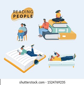 Cartoon vector illustrations of people reading books. Lying on sofa, with magnifying glass, sitting on stack, chair and read. Human charactes on white.