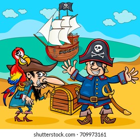 Cartoon Vector Illustrations of Pirate Characters with Ship on Treasure Island