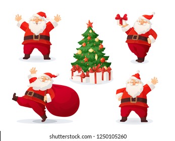 Cartoon vector illustrations of Santa Claus and decorated Christmas tree with presents. Winter holidays design elements isolated on white. Funny and cute retro character. For new year cards, banners