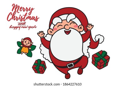 Cartoon vector illustrations of Santa Claus on white. Isolated Happy Santa Claus and Reindeer with gift , bag with presents,Flat Santa for Christmas cards or banners,For tags and labels.