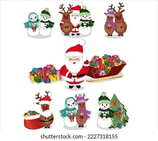 Cartoon vector illustrations of Santa Claus and all friend Christmas tree. Winter holidays design elements isolated on white. Funny and cute retro character. For new year cards, banners