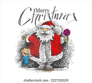 Cartoon vector illustrations of Santa Claus and decorated Christmas tree with presents. Winter holidays design elements isolated on white. Funny and cute retro character. For new year cards, banners