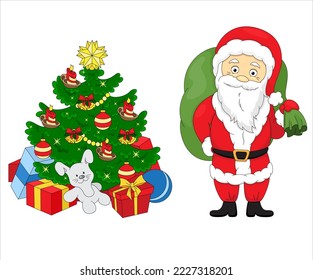 Cartoon vector illustrations of Santa Claus and decorated Christmas tree with presents. Winter holidays design elements isolated on white. Funny and cute retro character. For new year cards, banners