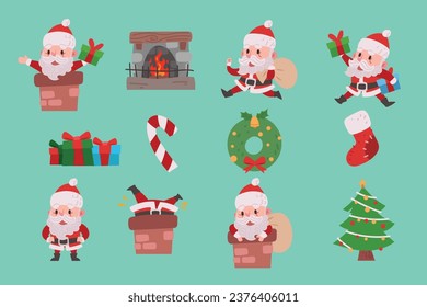 Cartoon vector illustrations of Santa Claus and decorated Christmas tree with presents. Winter holidays design elements isolated on white. Funny and cute retro character. For new year cards, banners